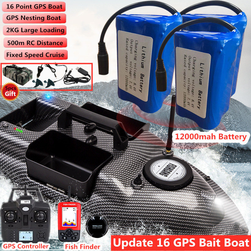 Rc Hobby Grade Boat - デュアルポジションRCフィッシングベイトボート、固定速度クルーズ、GPSネスティングボート、魚群探知機、3ホッパー、vs v18、2kg、500m、16ポイント